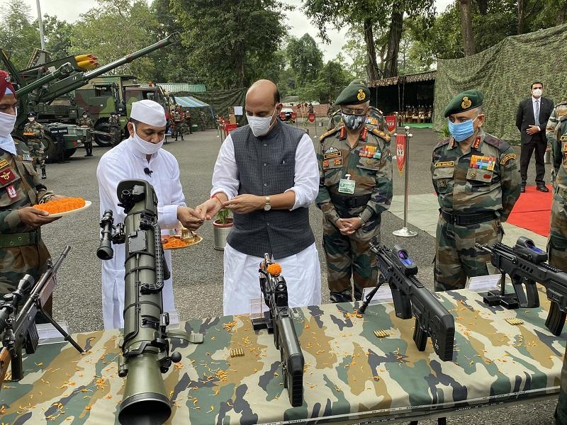 Defence minister Rajnath Singh performs Shastra Puja at Sukna war memorial in Darjeeling