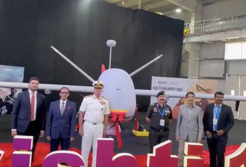 Navy chief Admiral R Hari Kumar receives Drishti 10 Starliner drone from Adani Defence