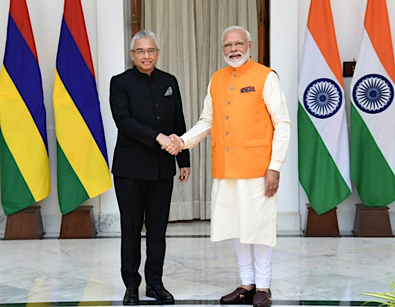 Prime Minister Narendra Modi and his Mauritian counterpart Pravind Jugnauth jointly inaugurate new airstrip and jetty at Mauritiuss Agalga Island