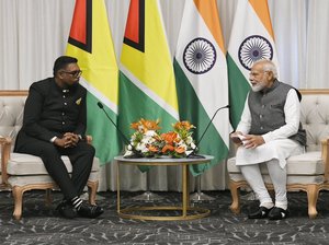 Prime Minister Narendra Modi meets Guyana’s President Mohamed Irfaan Ali on sidelines of 17th Pravasi Bharatiya Divas