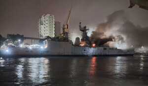 Indian Navy chief Admiral Dinesh Kumar Tripathi reviews damage after INS Brahmaputra fire incident and collapse