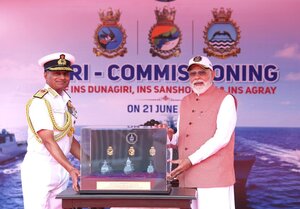 Prime Minister Narendra Modi commissions three indigenous warships, INS Dunagiri, INS Sanshodhak and INS Agray in Kolkata
